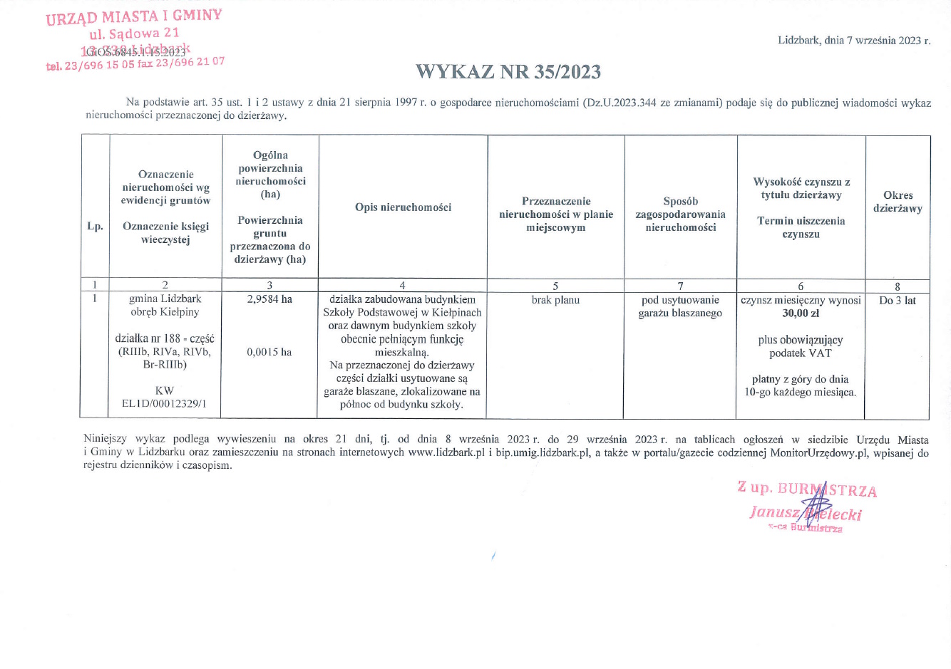 Nieruchomość gruntowa do dzierżawy - Kiełpiny